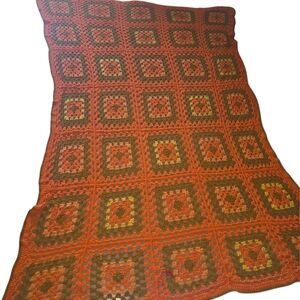 70s Handmade Crochet Large Afgan Throw Blanket Hippie Boho Retro Orange & Brown